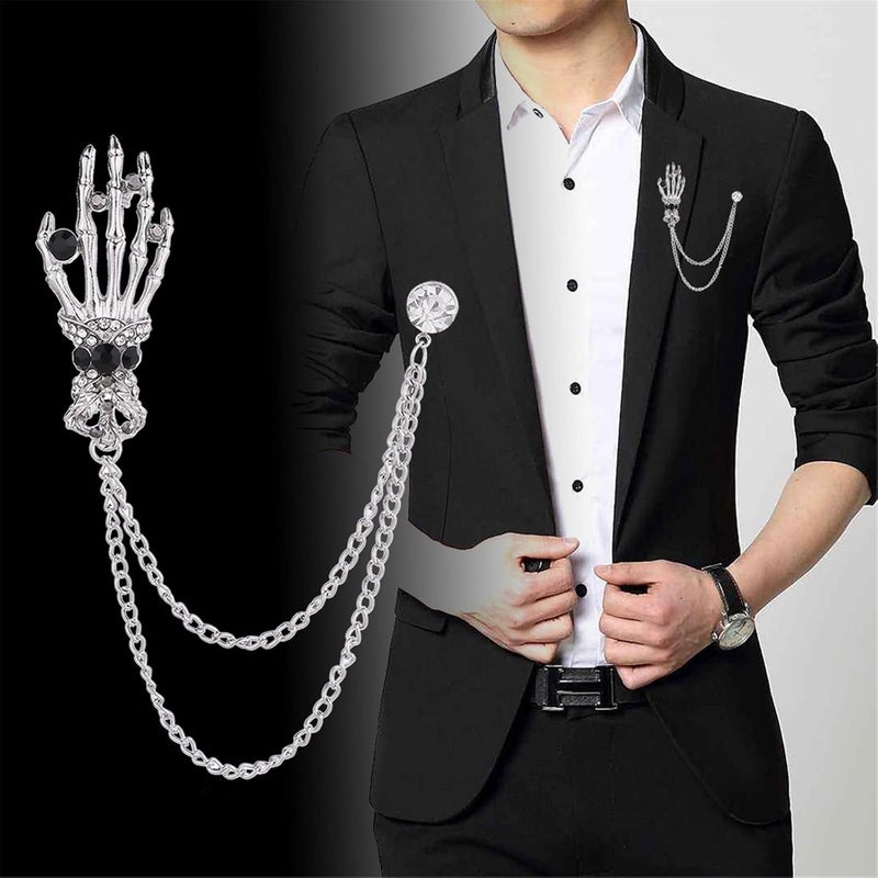 WCRAZYE 2PCS Vintage Skeleton Hand Long Chain Lapel Pin for Women Men Gothic Punk Brooch Retro Crystal Skeleton Skull Collar Pin Halloween Gifts - Image 4